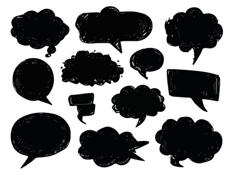 Collezione di fumetti neri disegnati a mano, forme di bolle di discorso stilizzate su sfondo trasparente.