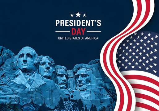 Presidents' Day Banner with Mount Rushmore National Memorial and Waving American Flag Background