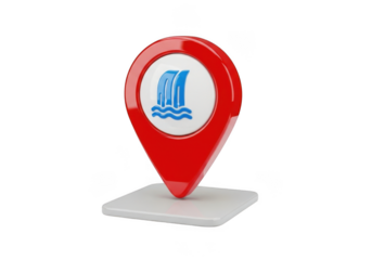 Red map pin with a waterfall icon on a white circular background, symbolizing location or navigation, ideal for maps and guides isolated on transparent background