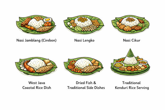 Traditional Indonesian Rice Dishes Served on Banana Leaves Illustration Set