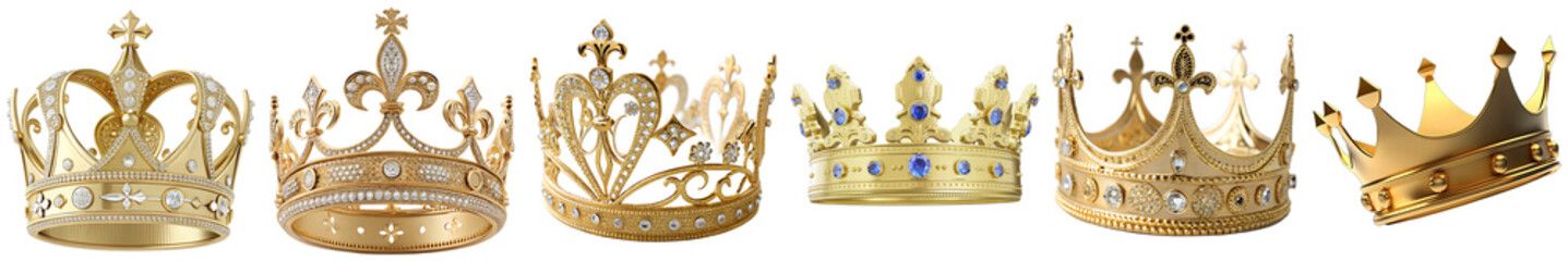 an opulent collection of diverse 3d rendered golden crowns, adorned with jewels, symbolizing royalty, power, and luxury. © Red