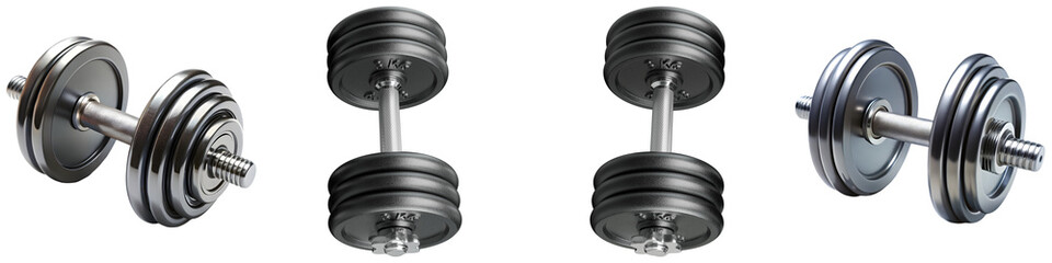 adjustable chrome and black dumbbells, a 3d render for fitness and strength training workouts. isolated.
