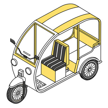 Detailed vector illustration of a yellow bajaj with open interior view, clean outline and flat style, isolated on white background, ideal for transportation and urban design themes.