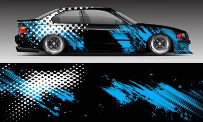 Illustration vector grahic of Car wrap decal with abstract design. Black blue colour. Livery car editable. Mockup template sticker vinyl for racing, rally, or daily use. © ibrahim