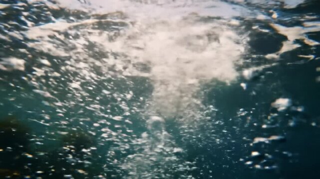 Low-angle wide video skimming pristine cerulean ocean surface with golden sunlight, camera submerges into crystal water, rising pearlescent bubbles, soft-focus kelp, pristine aquatic energy
