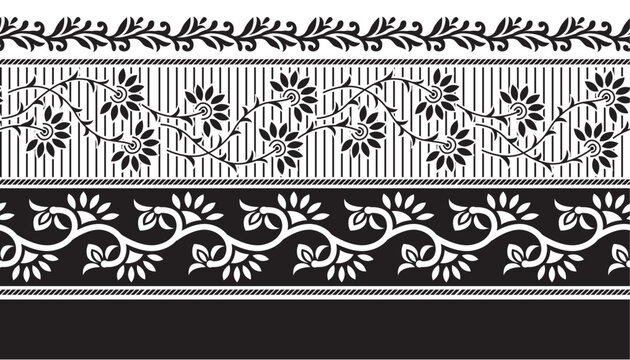 textile black and white floral border pattern on white background 
