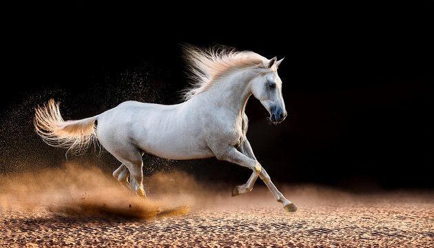 White horse galloping on dry land with dynamic energy and dust particles