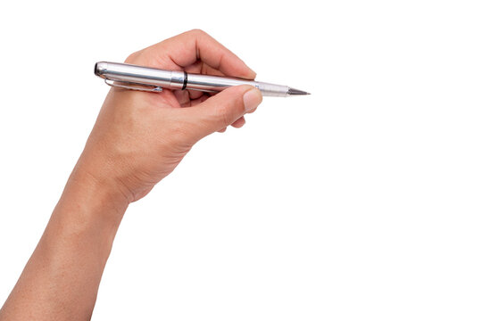 men hand holding a pen at the target - business targeting, aiming, focus concept. white background, isolate.	
