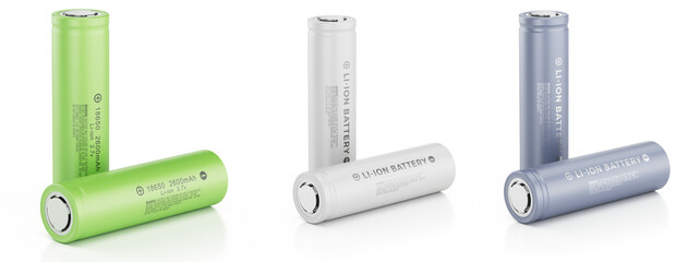 3d render of various 18650 lithium-ion rechargeable batteries in different colors, essential for...