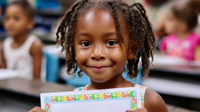 Young girl proudly holding a certificate in a classroom filled with children engaged in learning activities