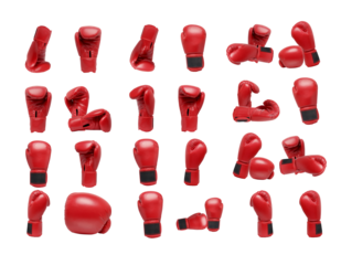 high-quality photograph collection of multiple red boxing gloves in various dynamic poses and angles, ready for action.
