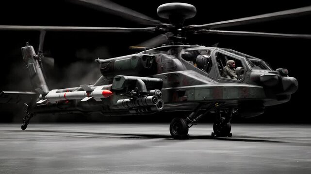 Advanced AH-64 Apache attack helicopter, hyper-realistic, firing a bright heat-seeking missile with fiery muzzle flash against an inky black void. Military combat demonstration concept