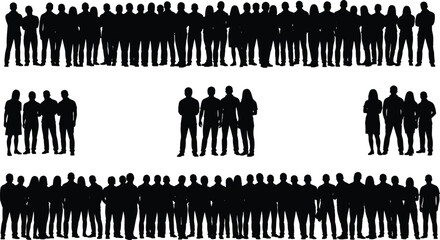 Grouped people silhouette vector set, black white crowd clipart, social distribution illustration, organizational structure artwork