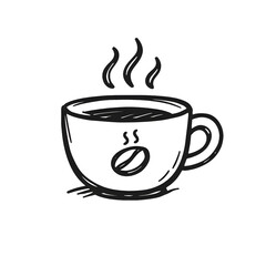Coffee cup doodle with steam and coffee bean icon