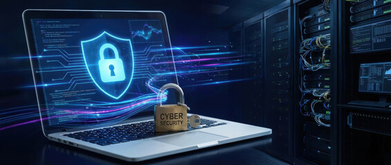 Networking securityconceptcyber datatechnologyprotectioninternetnetworkdigital cyber security padlock laptop server room data flow abstract technology Data protection and digital security concept