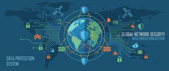 Networking securityconceptcyber datatechnologyprotectioninternetnetworkdigital global connection cyber shield lock data protection system map Data protection and digital security concept
