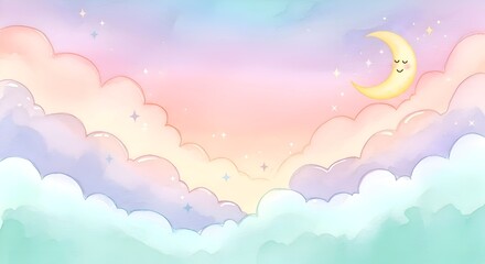 A dreamy watercolor sky in pastel pink and mint, featuring fluffy clouds, a smiling crescent moon, and twinkling stars. Perfect, soft, and whimsical aesthetic wallpaper.