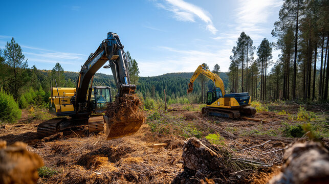 Two excavators working deforested area, clear sky industrial, logging environmental impact, highlighting forest clearing, display habitat destruction, moment machinery operations, 