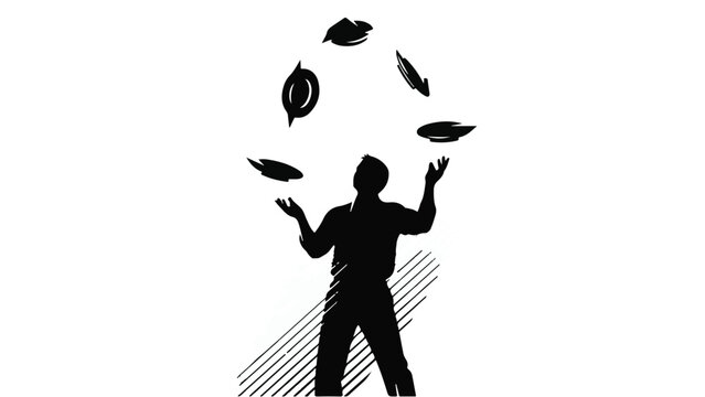 Silhouette of a skilled performer juggling multiple objects in a dynamic display.