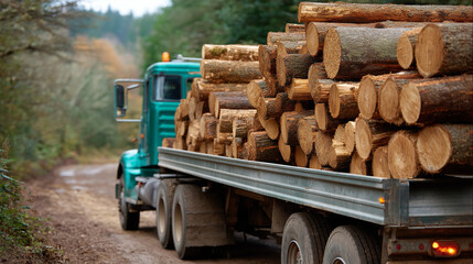 Truck takes away felled trees, forest timber transportation, display logging operations, moment forest clearing, activity industrial harvesting, defocused background, with copy spa