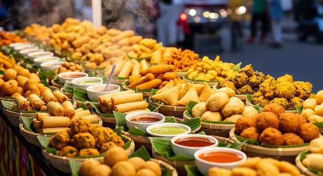 Delicious Fried Snacks and Dips at a Vibrant Street Food Stall