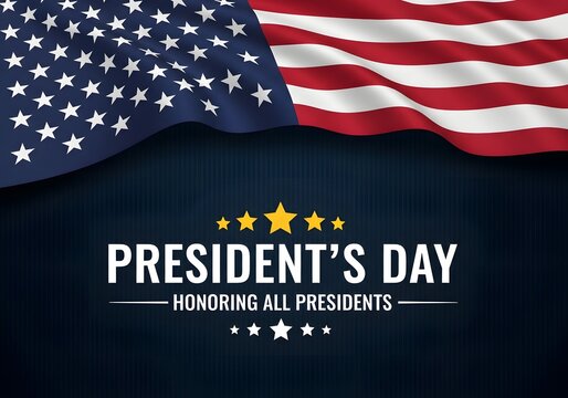 Honoring All Presidents Day Background with Waving American Flag and Gold Stars on Dark Blue