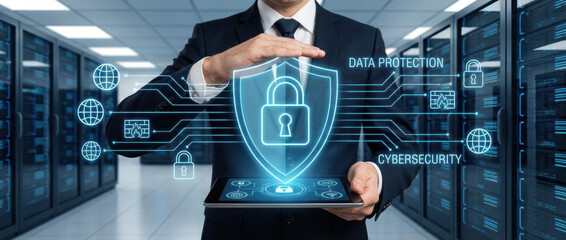 Cybersecurity networking securityconceptcyber datatechnologyprotectioninternetnetworkdigital data protection shield lock tablet server room Data protection and digital security concept