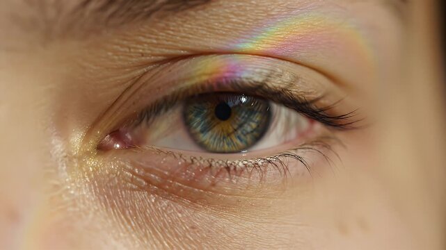 Extreme Close-Up of a Human Eye with Rainbow Reflection and Detailed Iris Patterns in Natural Light