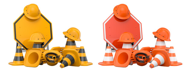 Construction hard hats, traffic cones, and road signs isolated on white background with clipping path, concept of safety gear © boule1301