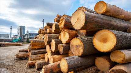 Front view large trunks pile, sawn trees cut, prepared treatment wood, logs stacks industrial, plywood factory logging, timber industry concept, with copy space