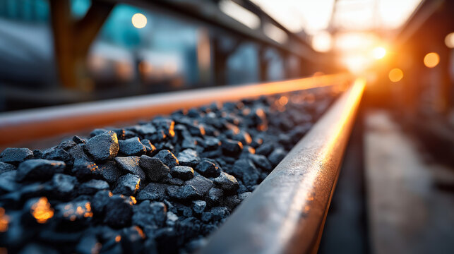 Coal conveyed long belt particles, moving various directions, soft out-of-focus background, industrial mining display, material transportation moment, with copy space
