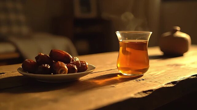 A serene setting with dates and tea on a wooden table indoors.