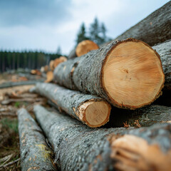 Felled trees pine forest logs, lying pile timber, harvesting display logging, operations moment forest, clearing activity defocused, background with, copy space