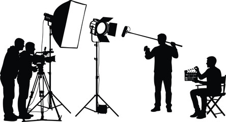 Black vector silhouette set of movie production crew including cameramen lighting technician with softbox boom operator and director with clapperboard for film industry design © Azufa
