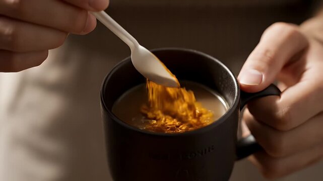Hands Adding Turmeric Powder to Warm Milk Drink in Black Mug on Brown Background for Ayurvedic Health or Golden Latte