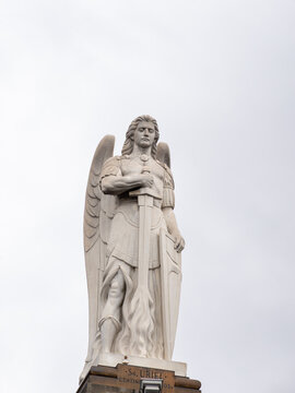 Mexico City, Mexico. October 11, 2025: Marble sculpture of Archangel Saint Uriel outside the Chapel of Cerrito de los &Aacute;ngeles, Tepeyac.