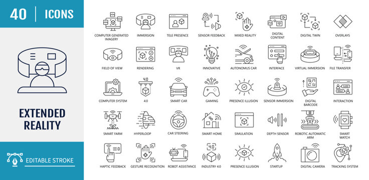 Extended Reality icon set. Includes VR, mixed reality, immersion, simulation, haptic feedback, spatial computing and more. Vector illustration with editable strokes