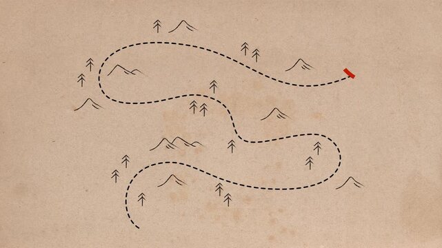 Animation of vintage treasure map on old paper textured background. Adventure journey treasure hunt. 4k animation video