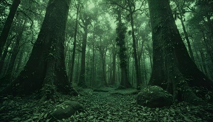 Obraz premium Mysterious Dark Forest with Tall Trees and Foggy Atmosphere.