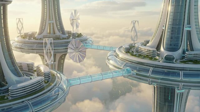 Floating futuristic megastructures above the clouds connected by transparent skybridges, solar sails, and atmospheric turbines, illuminated by soft golden light in a clean utopian sci‑fi style.