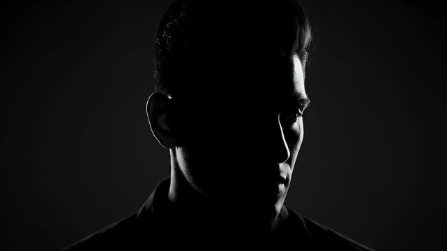 Monochrome Dark Portrait of a Man with Backlit Silhouette on Black Background Emphasizing Facial Features and Hair