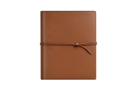 Brown leather notebook journal with strap closure, personal diary, planner, stationery, or memoir book with transparent background