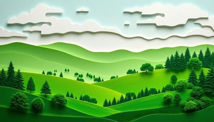 Obraz premium Intricate paper cut design of tranquil green hills, rolling meadows, and lush trees, fresh, peaceful