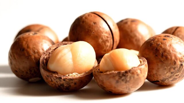 Fresh macadamia nuts close-up on a white background, a healthy snack food