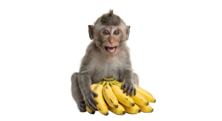 Cheerful baby macaque monkey sitting behind a bunch of ripe yellow bananas, happy primate animal portrait, isolated on transparent background