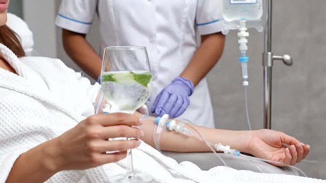 Patient Receiving IV Drip at Medical Spa While Holding Glass of Infused Water Wearing White Robe With Doctor Injecting