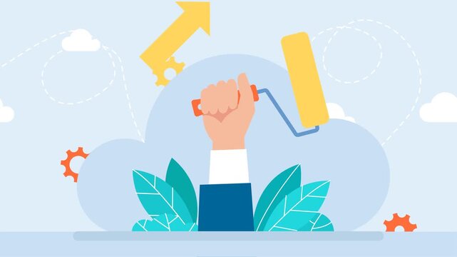 Brush in hand. Paint roller in hand. Technical work and repairs. A businessman is holding a roller for painting walls. Rebranding, transformation, renovation, maintenance, concept. 2d flat animation