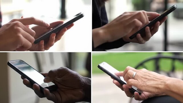 Four-panel video: diverse hands typing, tapping, scrolling, swiping modern smartphones; creamy bokeh hints at cafe, office, home, park. Concept of ubiquitous mobile technology