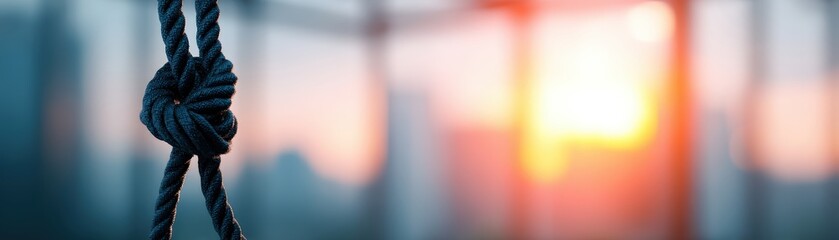 Obraz premium A close-up of a knotted rope, with a blurred background featuring warm sunlight and urban silhouettes, unity and holding together despite strain