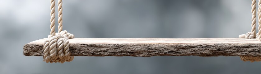A rustic wooden swing suspended by thick ropes, set against a blurred neutral background, evoking a sense of nostalgia and tranquility, unity and holding together despite strain